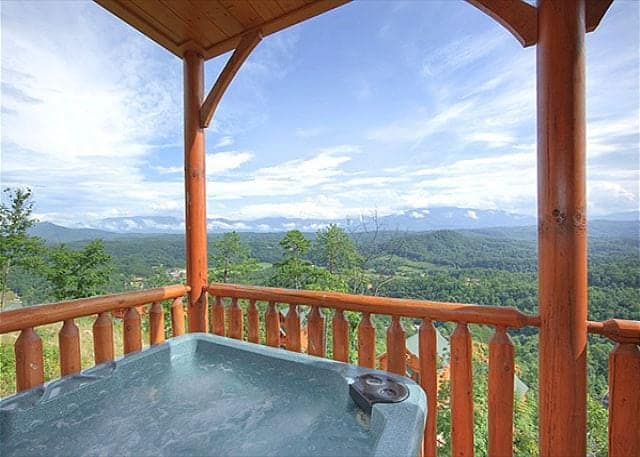 Hot tub on the deck of one of our Smoky Mountain cabins with great views.